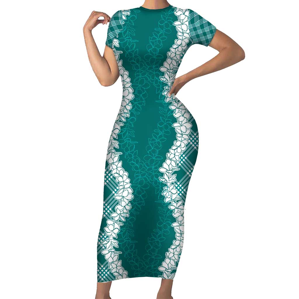 Hawaii Aloha Plumeria Lei Teal Palaka Family Matching Short Sleeve Bodycon Dress and Hawaiian Shirt LT7 Mom's Dress Teal - Polynesian Pride