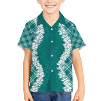 Hawaii Aloha Plumeria Lei Teal Palaka Family Matching Short Sleeve Bodycon Dress and Hawaiian Shirt LT7 Son's Shirt Teal - Polynesian Pride