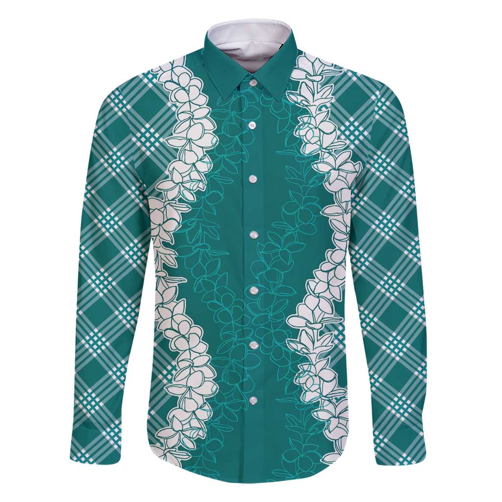 Hawaii Aloha Plumeria Lei Teal Palaka Family Matching Summer Maxi Dress and Hawaiian Shirt LT7 Dad's Shirt - Long Sleeve Teal - Polynesian Pride