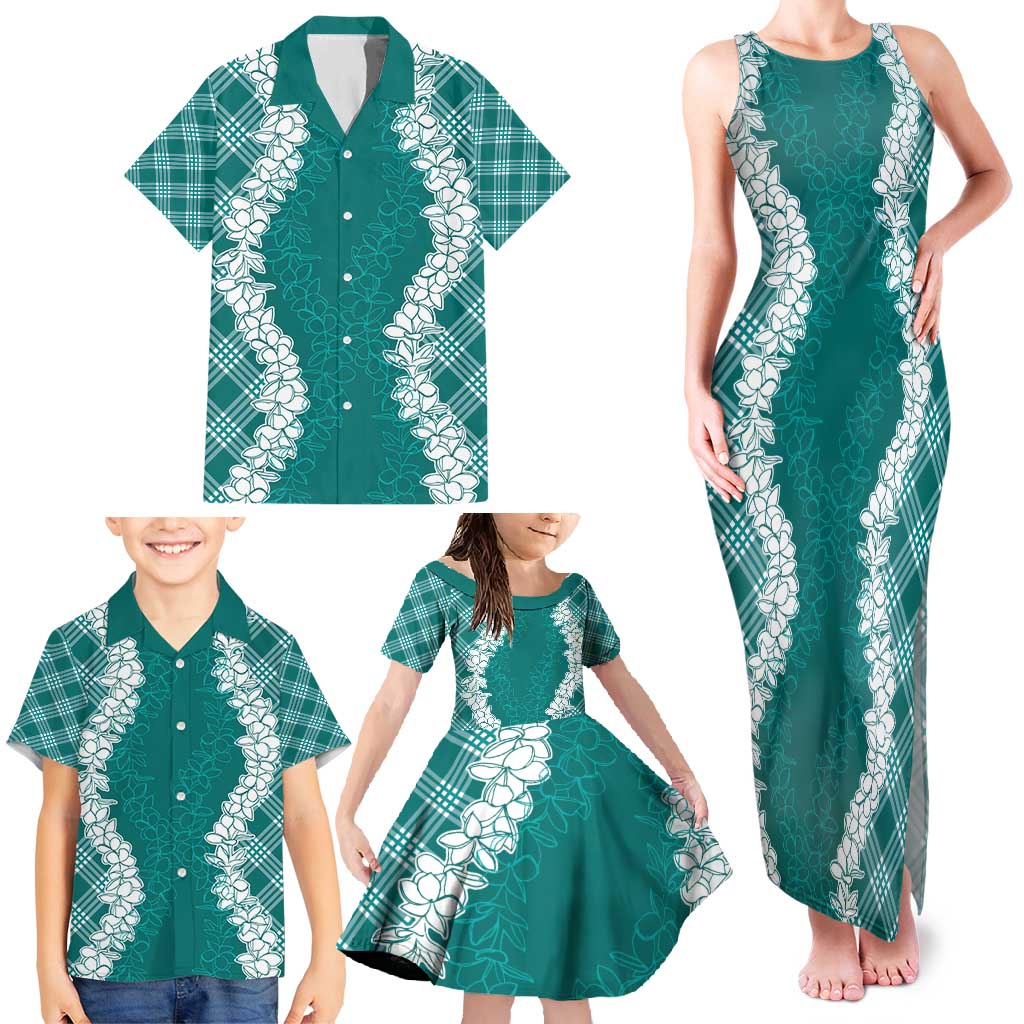Hawaii Aloha Plumeria Lei Teal Palaka Family Matching Tank Maxi Dress and Hawaiian Shirt LT7 - Polynesian Pride