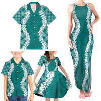 Hawaii Aloha Plumeria Lei Teal Palaka Family Matching Tank Maxi Dress and Hawaiian Shirt LT7 - Polynesian Pride