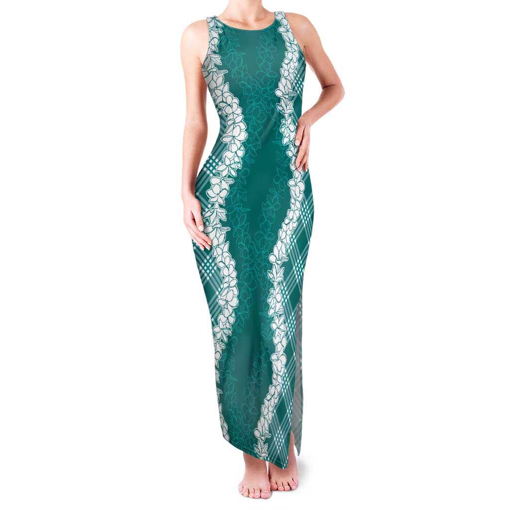 Hawaii Aloha Plumeria Lei Teal Palaka Family Matching Tank Maxi Dress and Hawaiian Shirt LT7 Mom's Dress Teal - Polynesian Pride