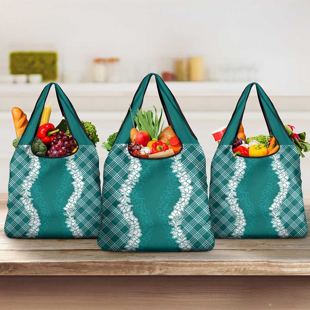 Hawaii Aloha Plumeria Lei Teal Palaka Grocery Bag - Polynesian Pride