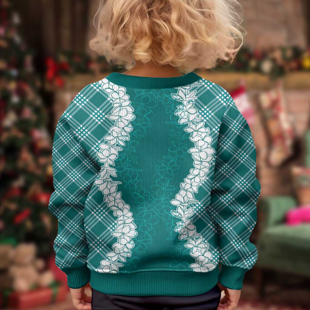 Hawaii Aloha Plumeria Lei Teal Palaka Kid Ugly Christmas Sweater - Polynesian Pride