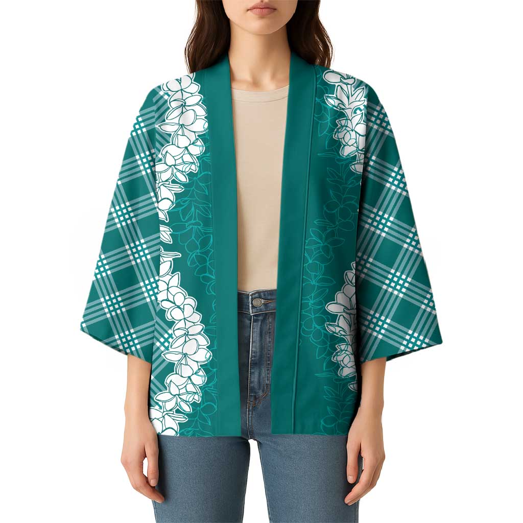 Hawaii Aloha Plumeria Lei Teal Palaka Kimono - Polynesian Pride
