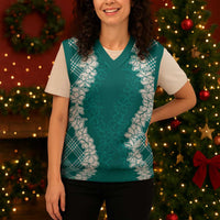 Hawaii Aloha Plumeria Lei Teal Palaka Christmas Knitted V-Neck Vest - Polynesian Pride