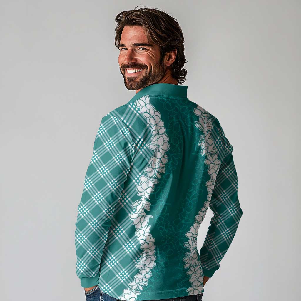 Hawaii Aloha Plumeria Lei Teal Palaka Long Sleeve Polo Shirt - Polynesian Pride