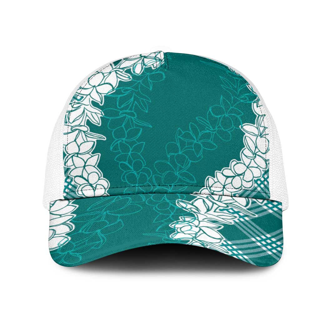 Hawaii Aloha Plumeria Lei Teal Palaka Mesh Trucker Cap - Polynesian Pride