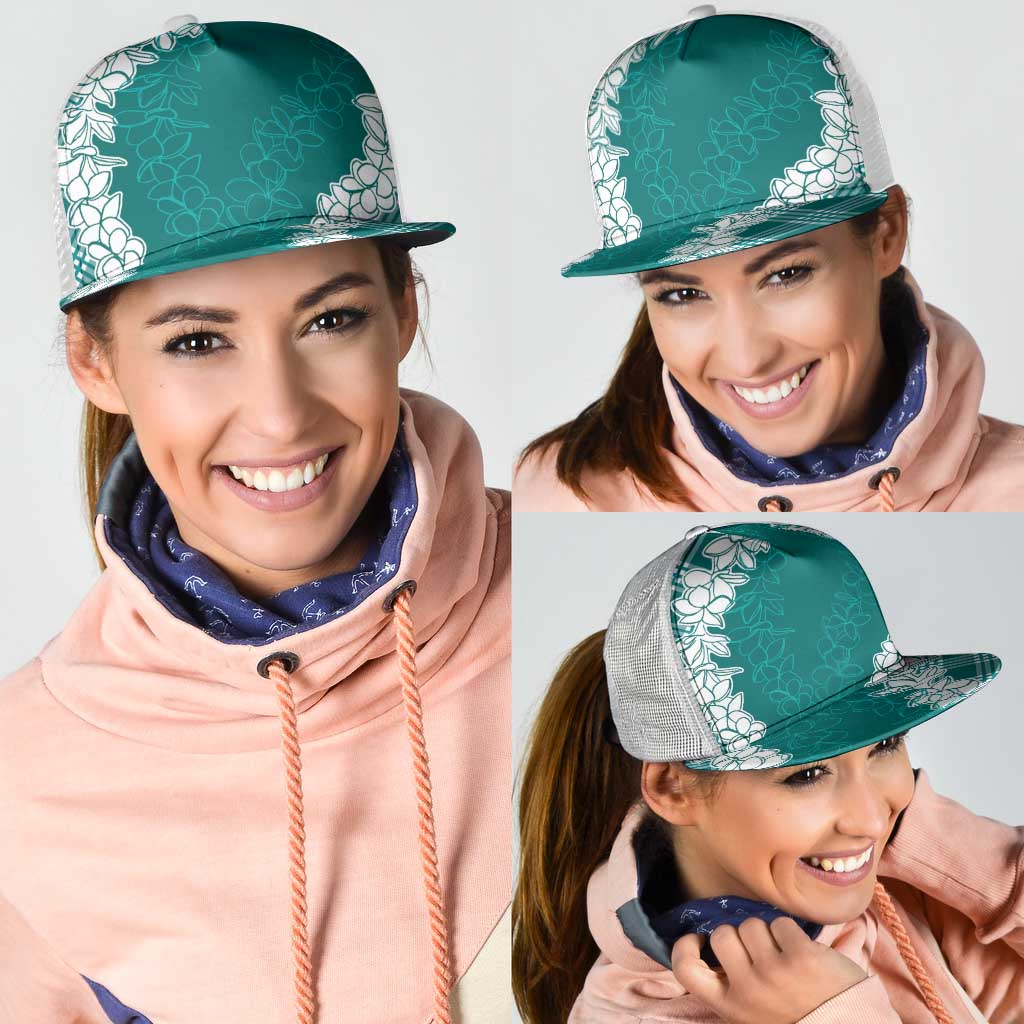 Hawaii Aloha Plumeria Lei Teal Palaka Mesh Trucker Cap LT7