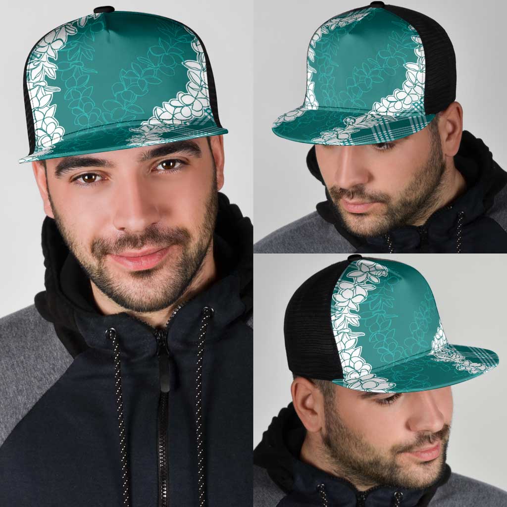 Hawaii Aloha Plumeria Lei Teal Palaka Mesh Trucker Cap - Polynesian Pride