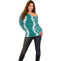 Hawaii Aloha Plumeria Lei Teal Palaka Off Shoulder Sweater - Polynesian Pride