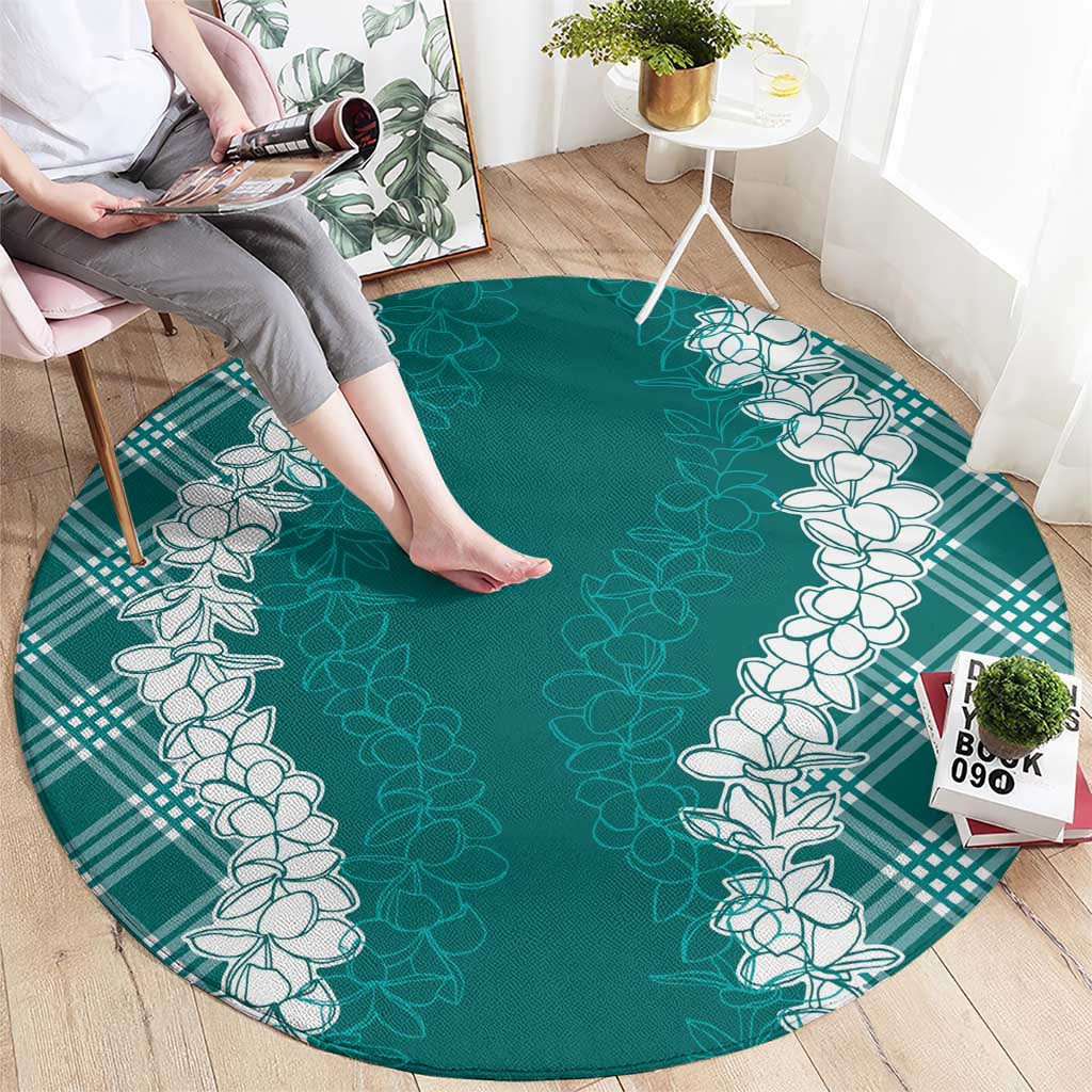 Hawaii Aloha Plumeria Lei Teal Palaka Round Carpet - Polynesian Pride