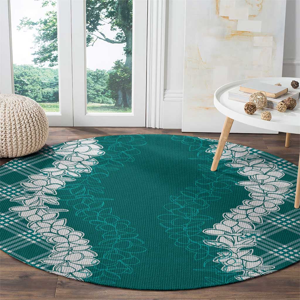 Hawaii Aloha Plumeria Lei Teal Palaka Round Carpet - Polynesian Pride