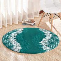 Hawaii Aloha Plumeria Lei Teal Palaka Round Carpet - Polynesian Pride