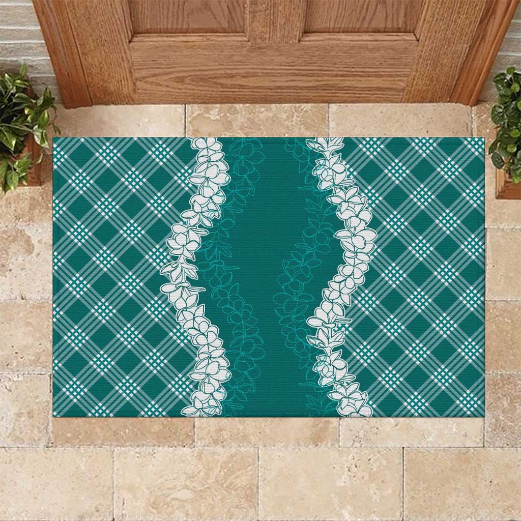 Hawaii Aloha Plumeria Lei Teal Palaka Rubber Doormat - Polynesian Pride