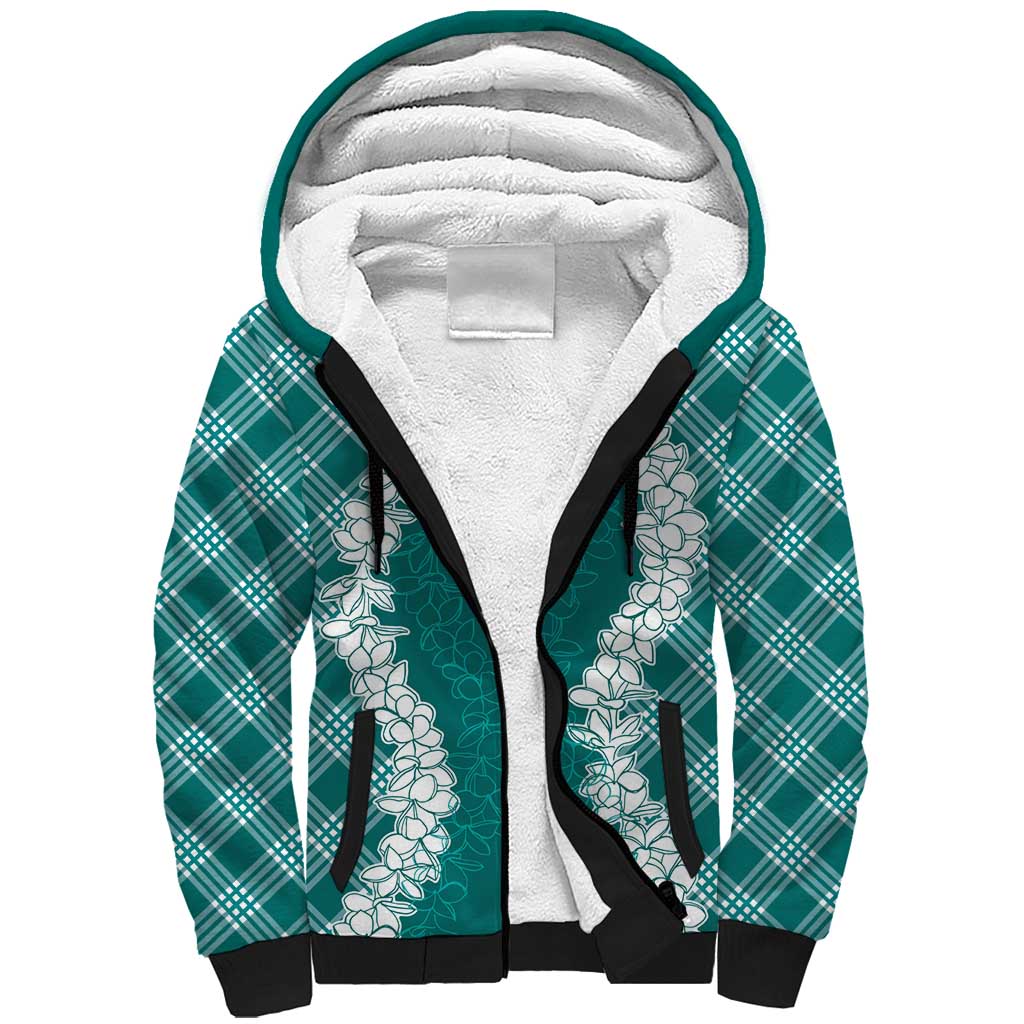Hawaii Aloha Plumeria Lei Teal Palaka Sherpa Hoodie - Polynesian Pride