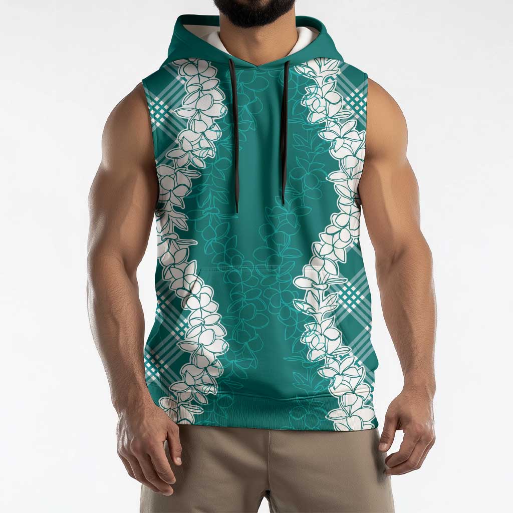 Hawaii Aloha Plumeria Lei Teal Palaka Sleeveless Hoodie - Polynesian Pride