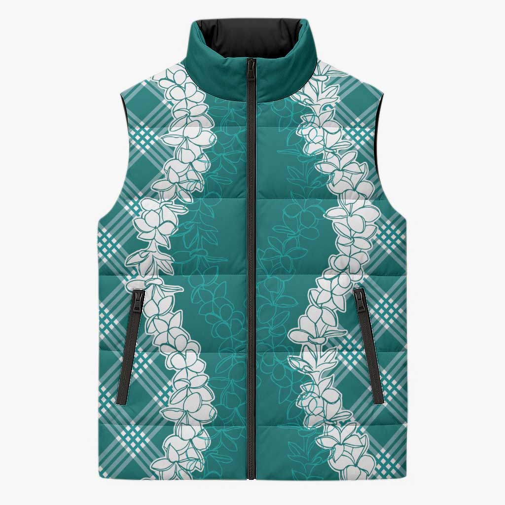 Hawaii Aloha Plumeria Lei Teal Palaka Sleeveless Puffer Jacket - Polynesian Pride