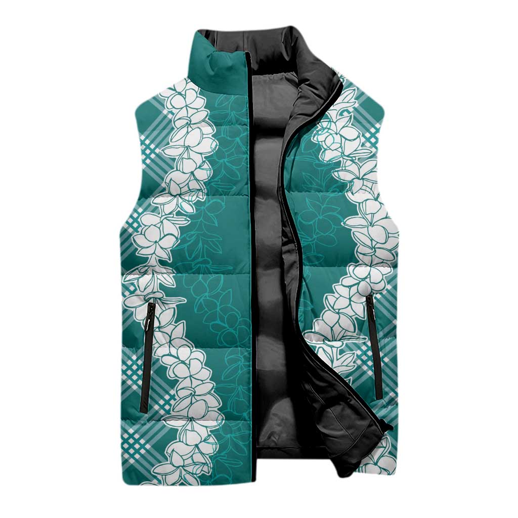 Hawaii Aloha Plumeria Lei Teal Palaka Sleeveless Puffer Jacket - Polynesian Pride