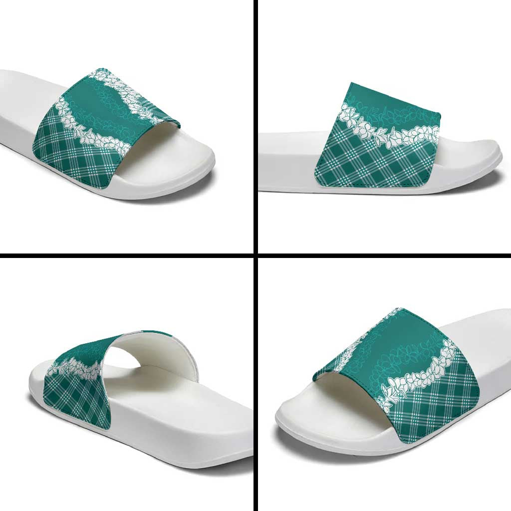 Hawaii Aloha Plumeria Lei Teal Palaka Slide Sandals - Polynesian Pride