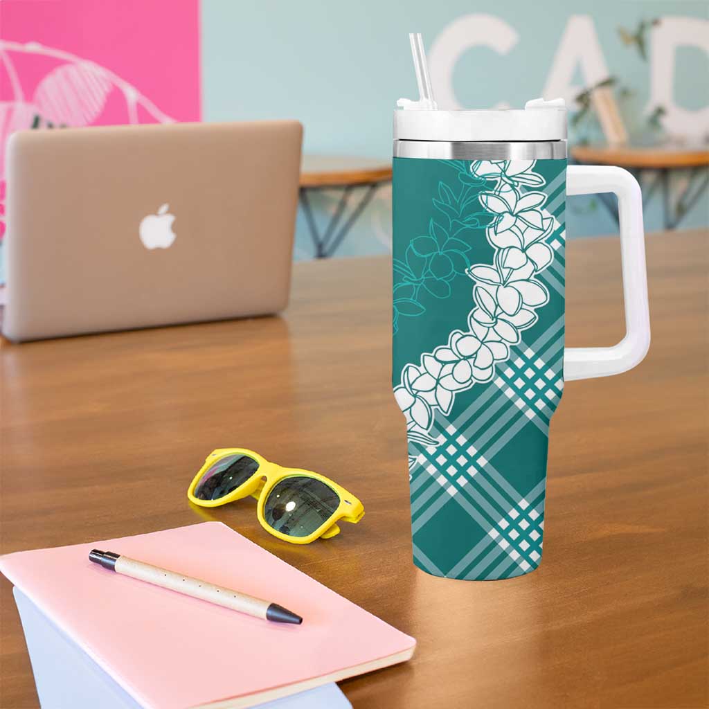 Hawaii Aloha Plumeria Lei Teal Palaka Tumbler With Handle - Polynesian Pride