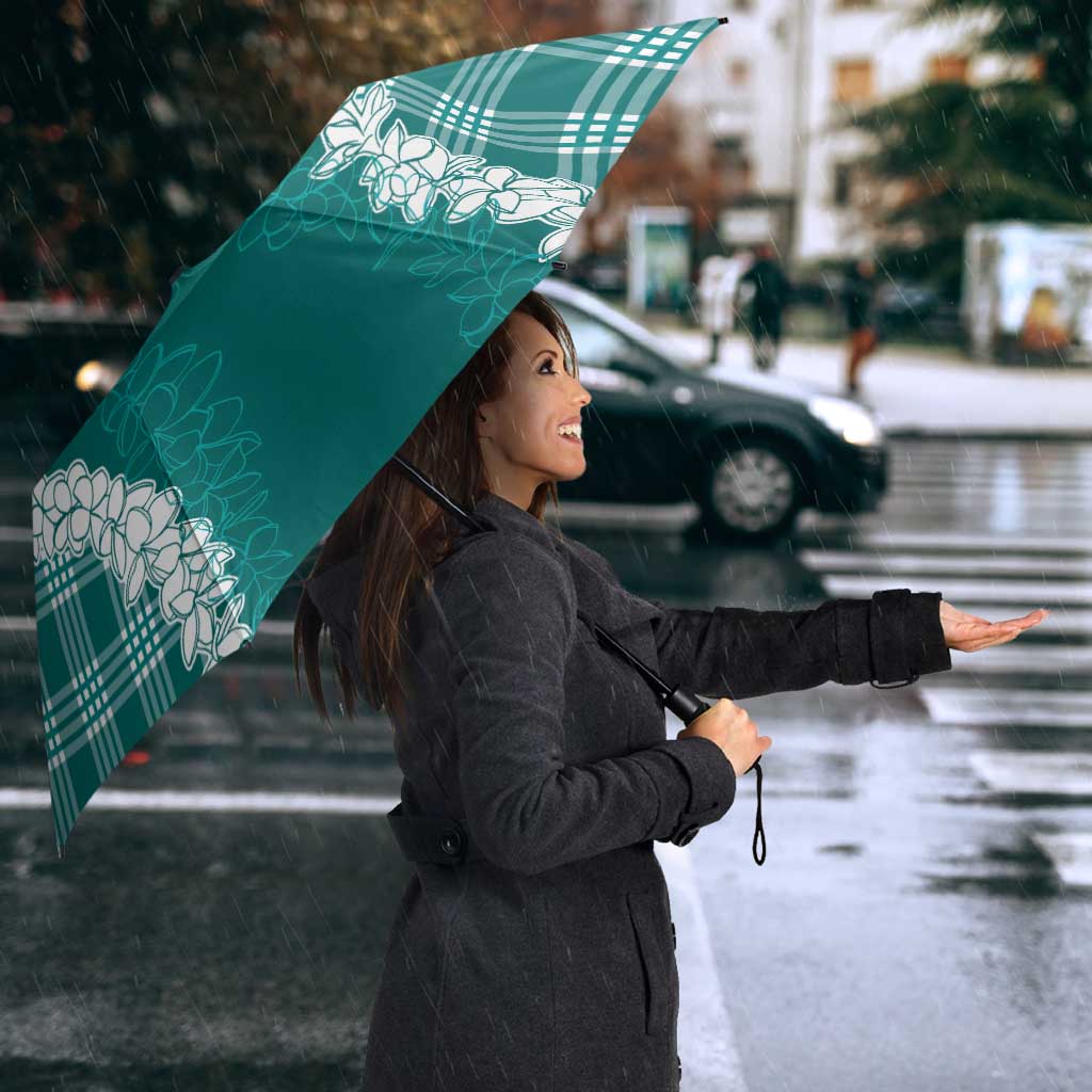 Hawaii Aloha Plumeria Lei Teal Palaka Umbrella - Polynesian Pride