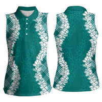 Hawaii Aloha Plumeria Lei Teal Palaka Women Sleeveless Polo Shirt - Polynesian Pride