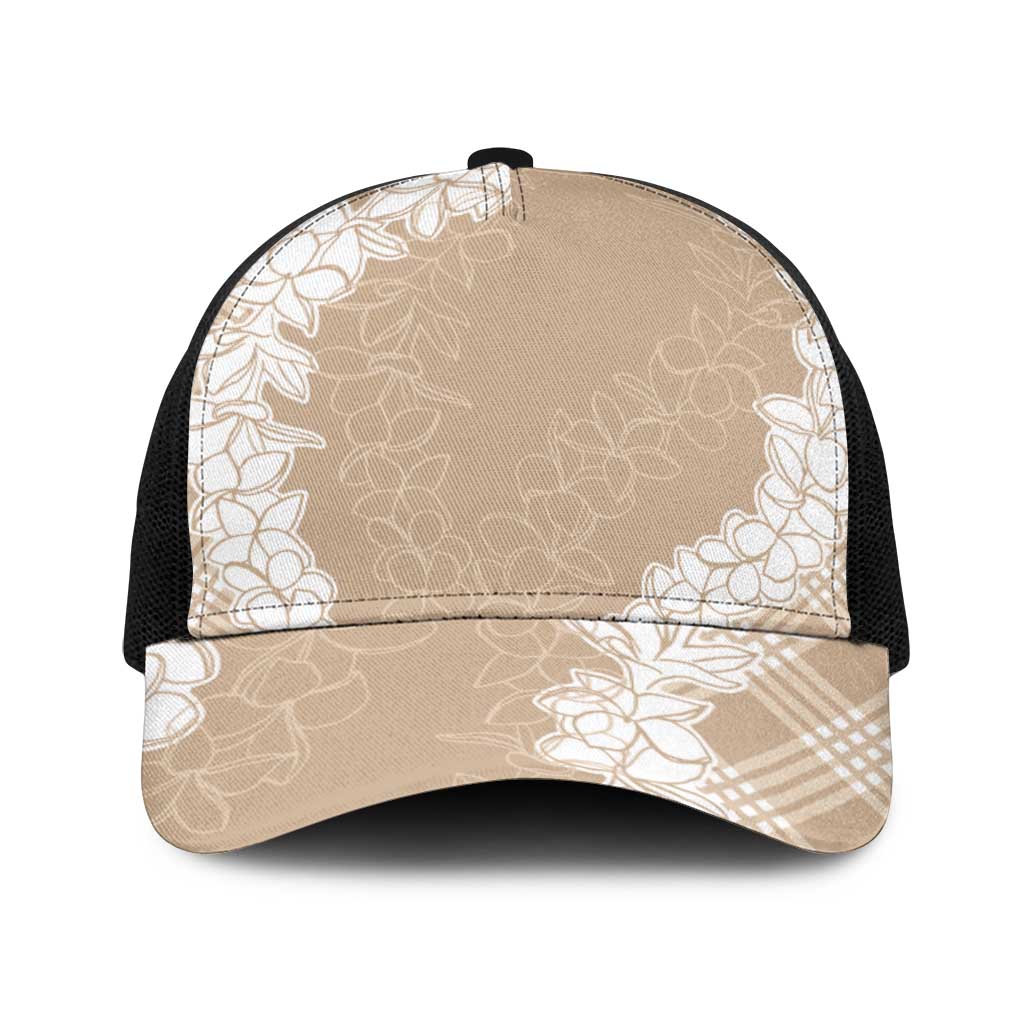 Hawaii Aloha Plumeria Lei Beige Palaka Baseball Net Cap - Polynesian Pride