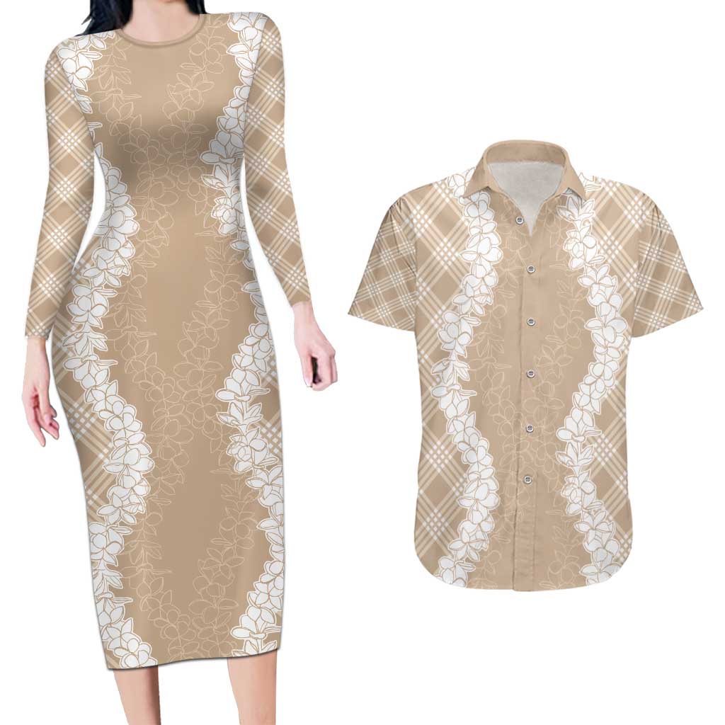 Hawaii Aloha Plumeria Lei Beige Palaka Couples Matching Long Sleeve Bodycon Dress and Hawaiian Shirt LT7 Beige - Polynesian Pride