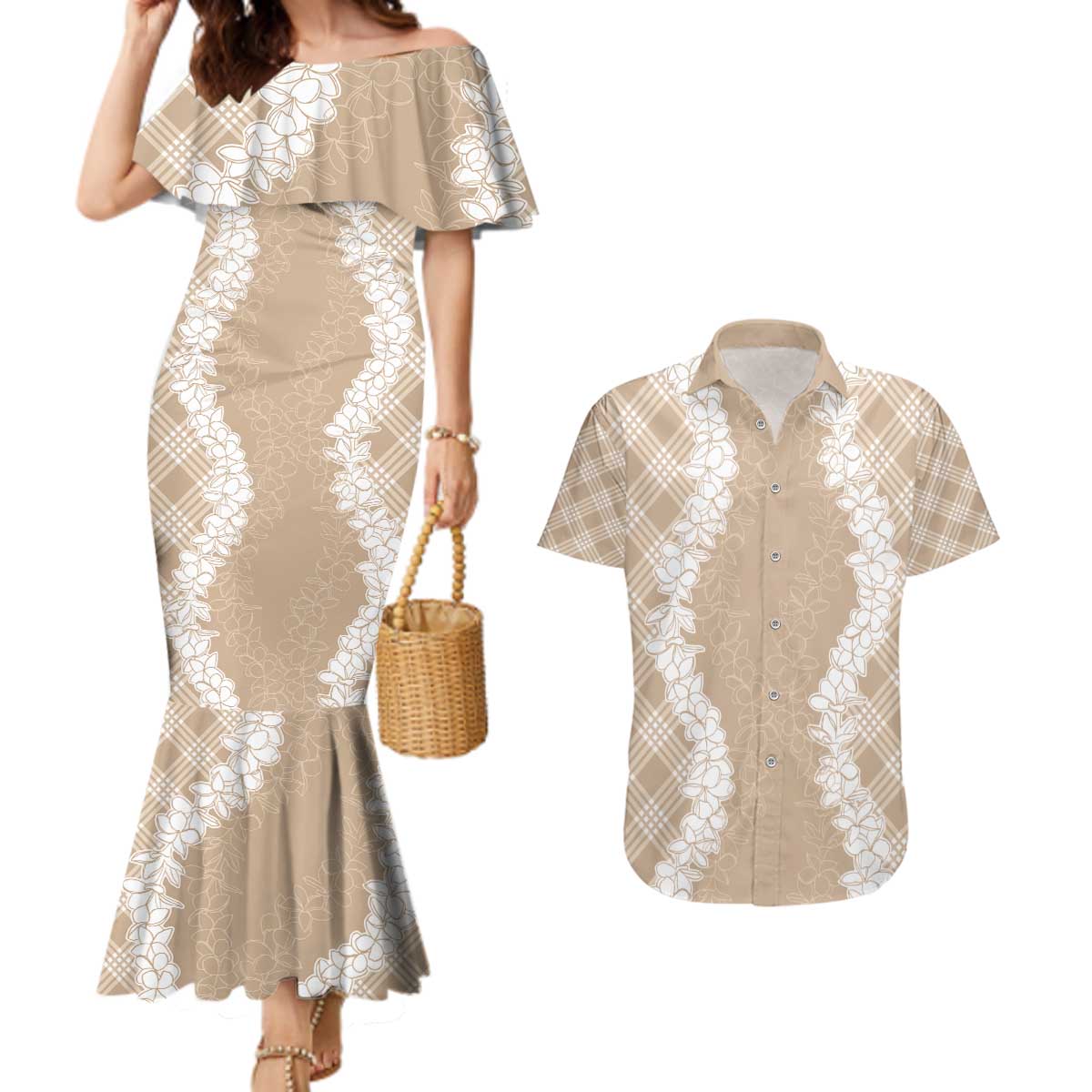 Hawaii Aloha Plumeria Lei Beige Palaka Couples Matching Mermaid Dress and Hawaiian Shirt - Polynesian Pride
