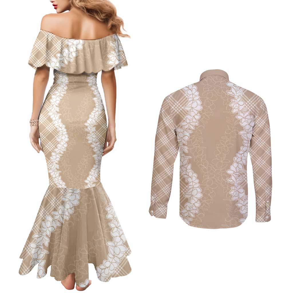 Hawaii Aloha Plumeria Lei Beige Palaka Couples Matching Mermaid Dress and Long Sleeve Button Shirt - Polynesian Pride