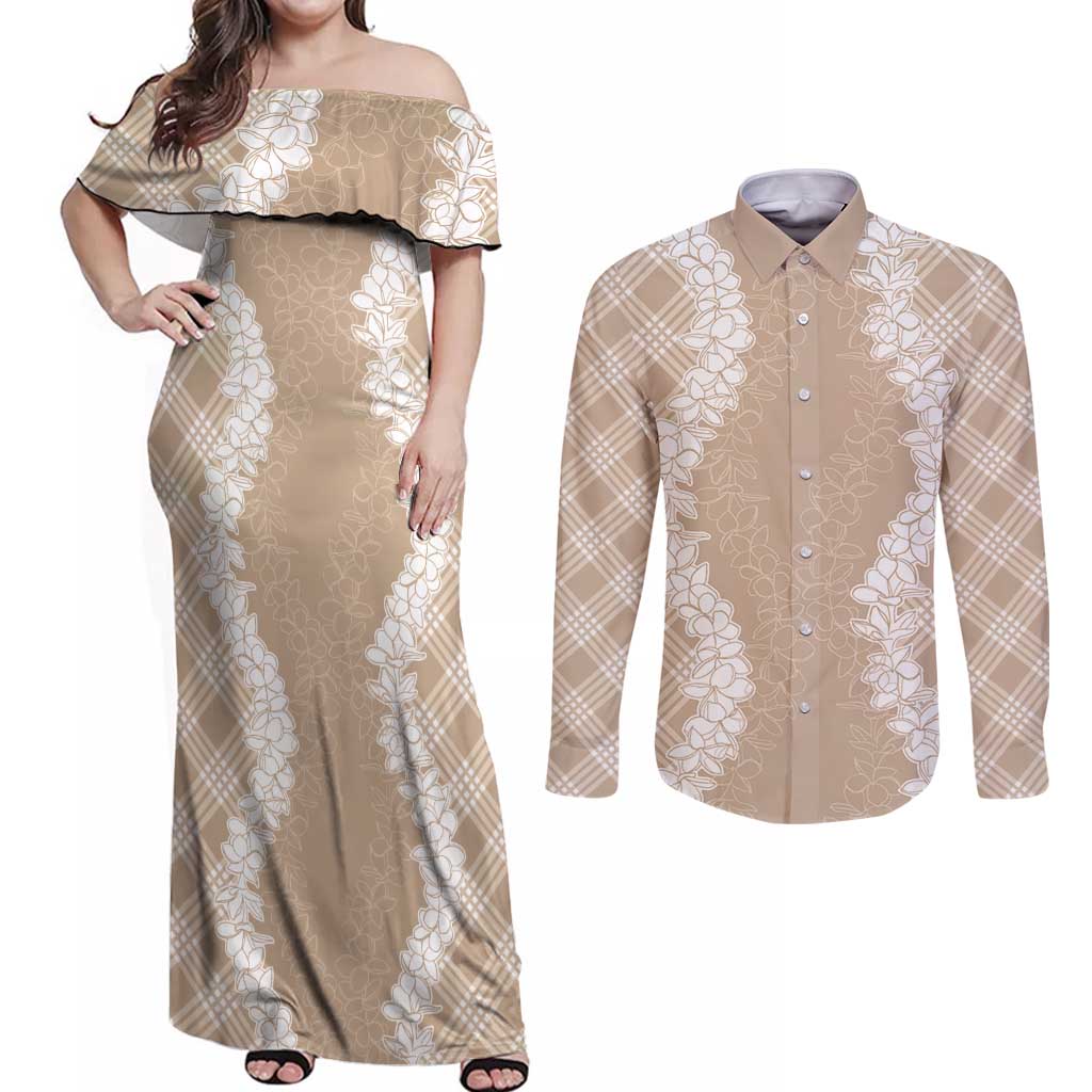 Hawaii Aloha Plumeria Lei Beige Palaka Couples Matching Off Shoulder Maxi Dress and Long Sleeve Button Shirt - Polynesian Pride