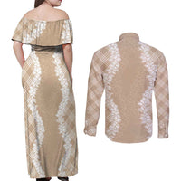 Hawaii Aloha Plumeria Lei Beige Palaka Couples Matching Off Shoulder Maxi Dress and Long Sleeve Button Shirt - Polynesian Pride