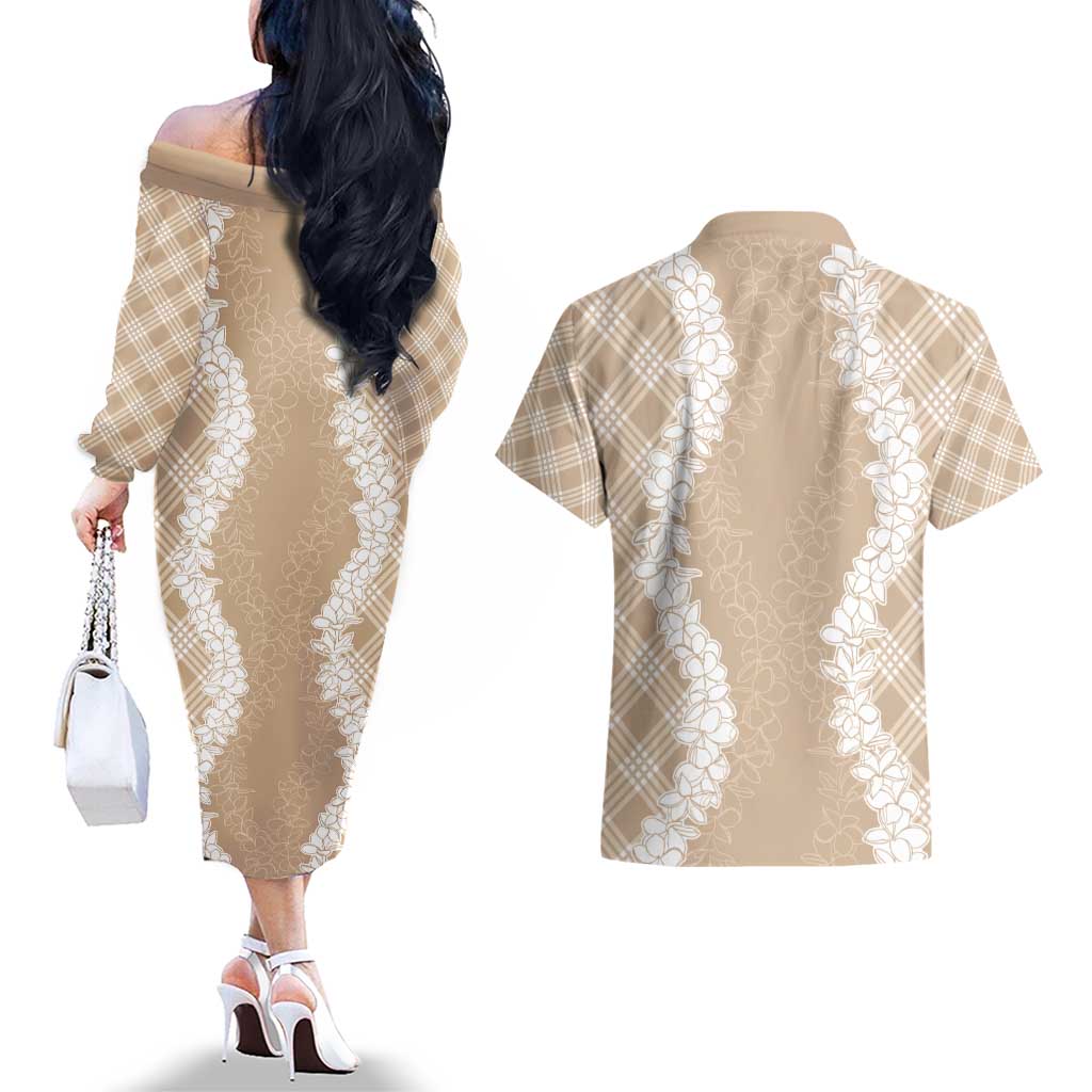 Hawaii Aloha Plumeria Lei Beige Palaka Couples Matching Off The Shoulder Long Sleeve Dress and Hawaiian Shirt LT7 - Polynesian Pride