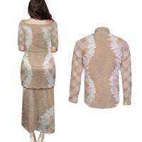 Hawaii Aloha Plumeria Lei Beige Palaka Couples Matching Puletasi and Long Sleeve Button Shirt - Polynesian Pride