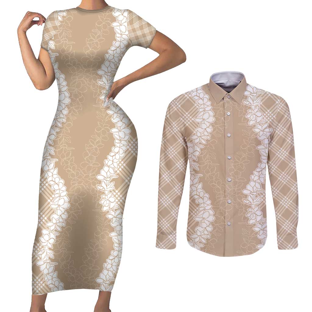 Hawaii Aloha Plumeria Lei Beige Palaka Couples Matching Short Sleeve Bodycon Dress and Long Sleeve Button Shirt - Polynesian Pride