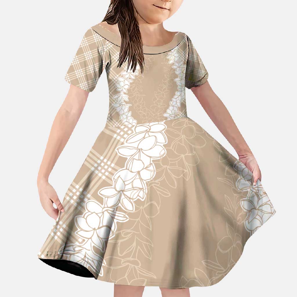Hawaii Aloha Plumeria Lei Beige Palaka Family Matching Long Sleeve Bodycon Dress and Hawaiian Shirt LT7 Daughter's Dress Beige - Polynesian Pride