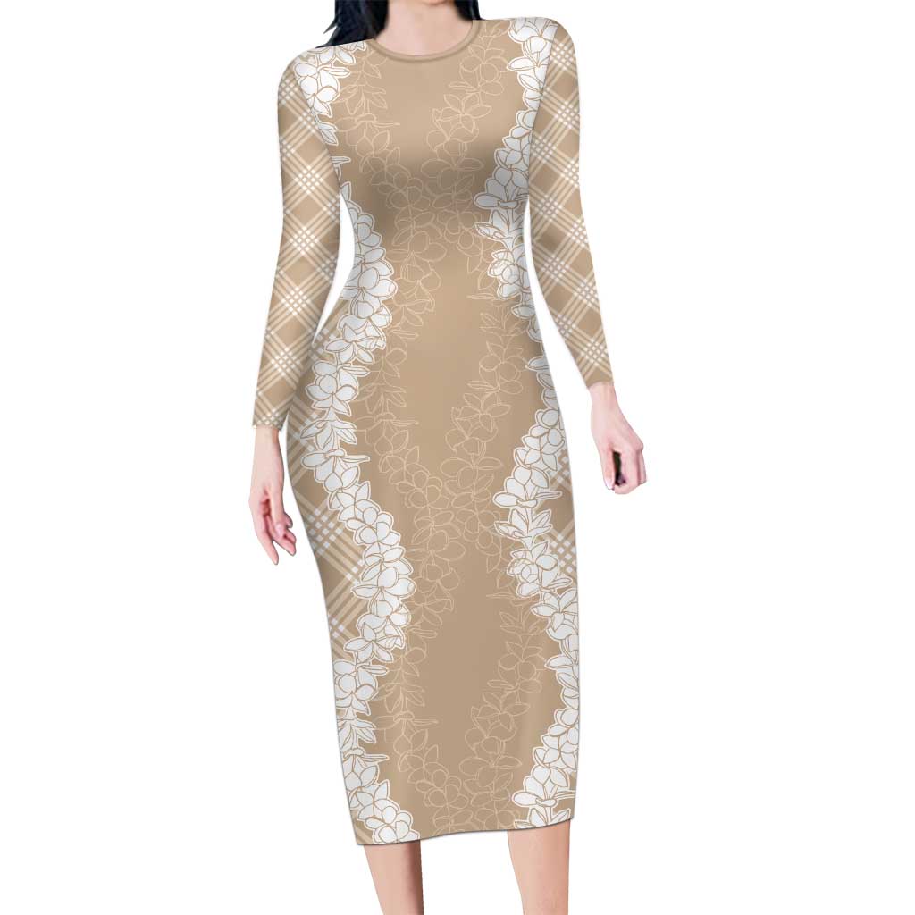 Hawaii Aloha Plumeria Lei Beige Palaka Family Matching Long Sleeve Bodycon Dress and Hawaiian Shirt LT7 Mom's Dress Beige - Polynesian Pride