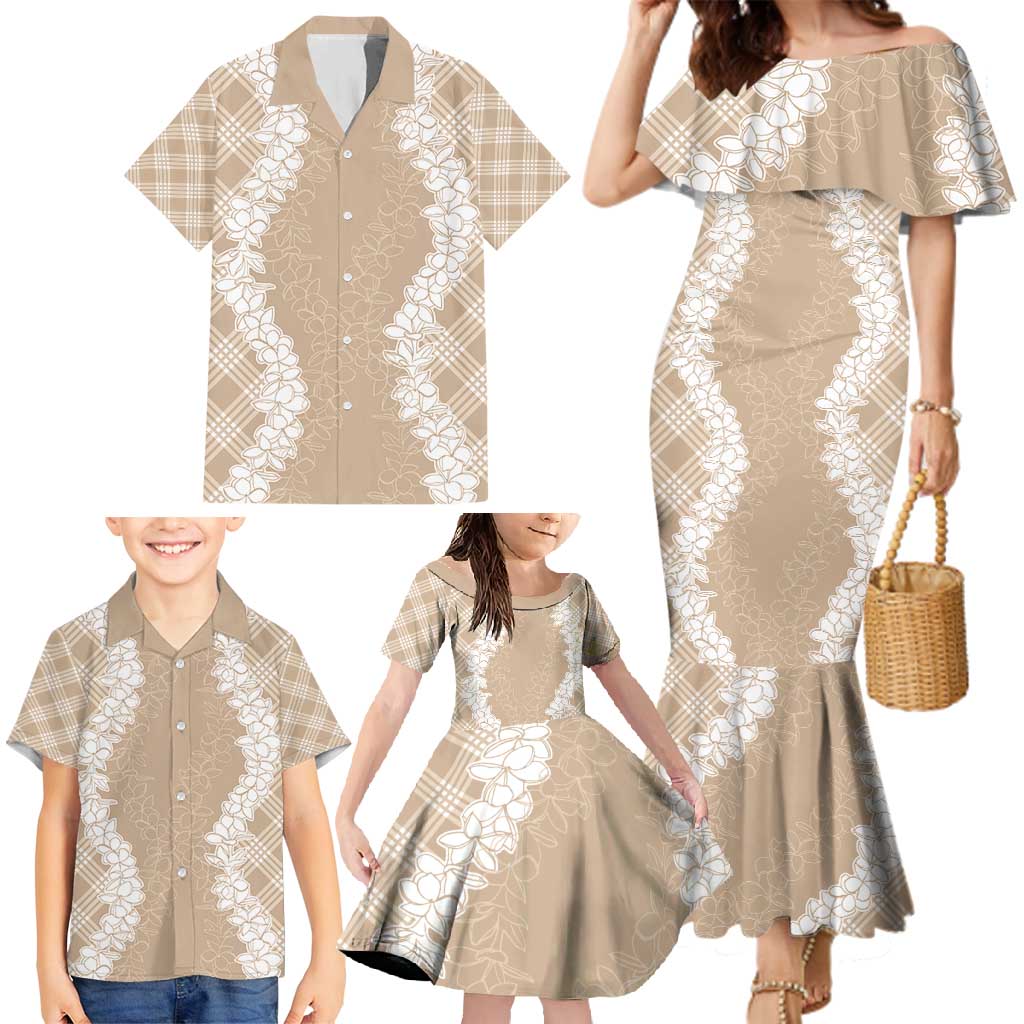 Hawaii Aloha Plumeria Lei Beige Palaka Family Matching Mermaid Dress and Hawaiian Shirt LT7 - Polynesian Pride