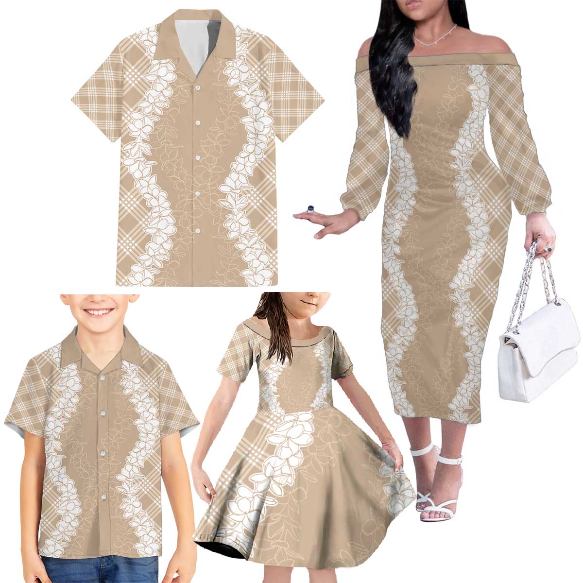 Hawaii Aloha Plumeria Lei Beige Palaka Family Matching Off The Shoulder Long Sleeve Dress and Hawaiian Shirt LT7 - Polynesian Pride