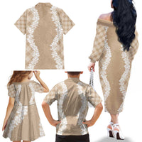 Hawaii Aloha Plumeria Lei Beige Palaka Family Matching Off The Shoulder Long Sleeve Dress and Hawaiian Shirt LT7 - Polynesian Pride