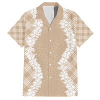 Hawaii Aloha Plumeria Lei Beige Palaka Family Matching Off The Shoulder Long Sleeve Dress and Hawaiian Shirt LT7 Dad's Shirt - Short Sleeve Beige - Polynesian Pride