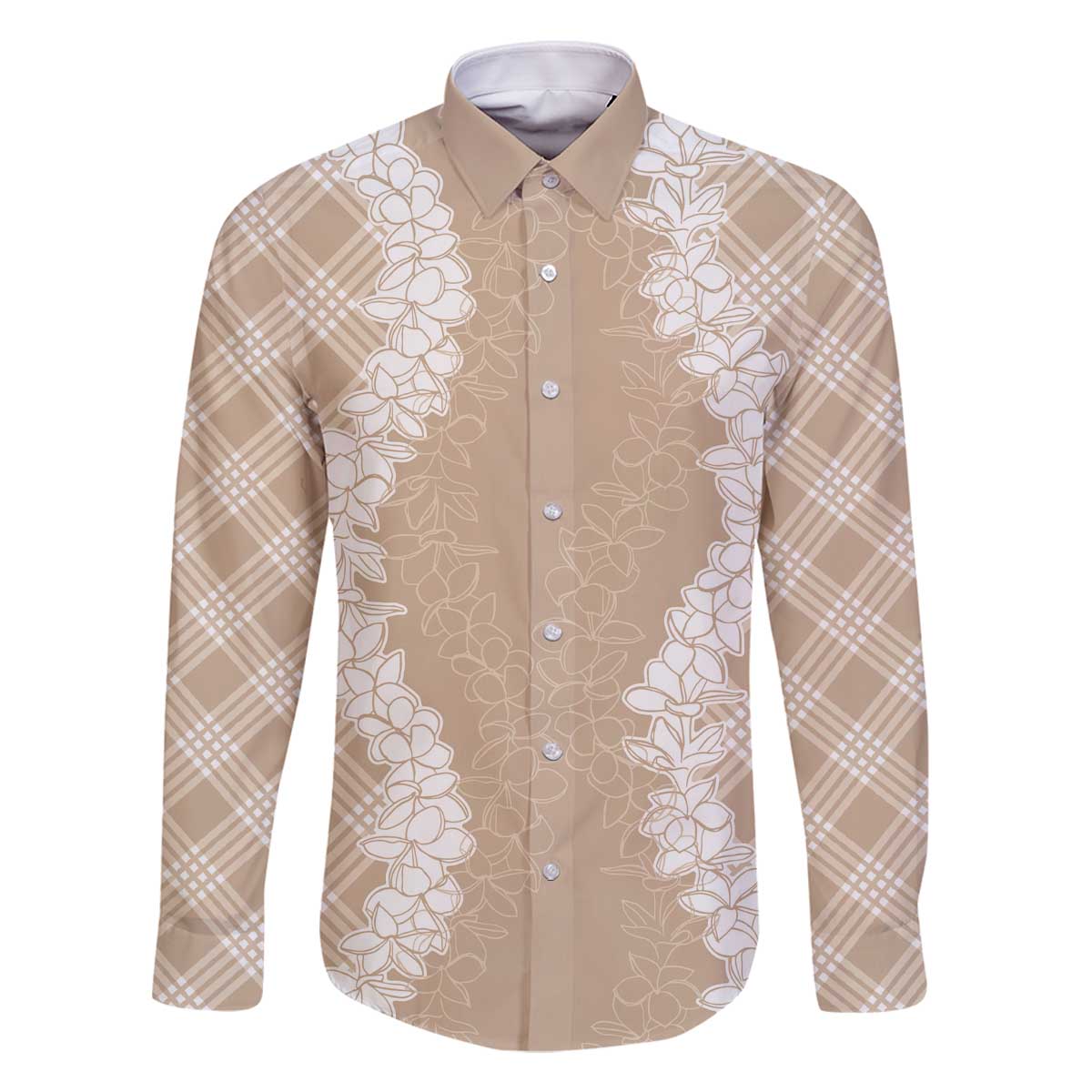 Hawaii Aloha Plumeria Lei Beige Palaka Family Matching Off The Shoulder Long Sleeve Dress and Hawaiian Shirt LT7 Dad's Shirt - Long Sleeve Beige - Polynesian Pride