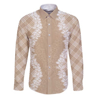 Hawaii Aloha Plumeria Lei Beige Palaka Family Matching Off The Shoulder Long Sleeve Dress and Hawaiian Shirt LT7 Dad's Shirt - Long Sleeve Beige - Polynesian Pride