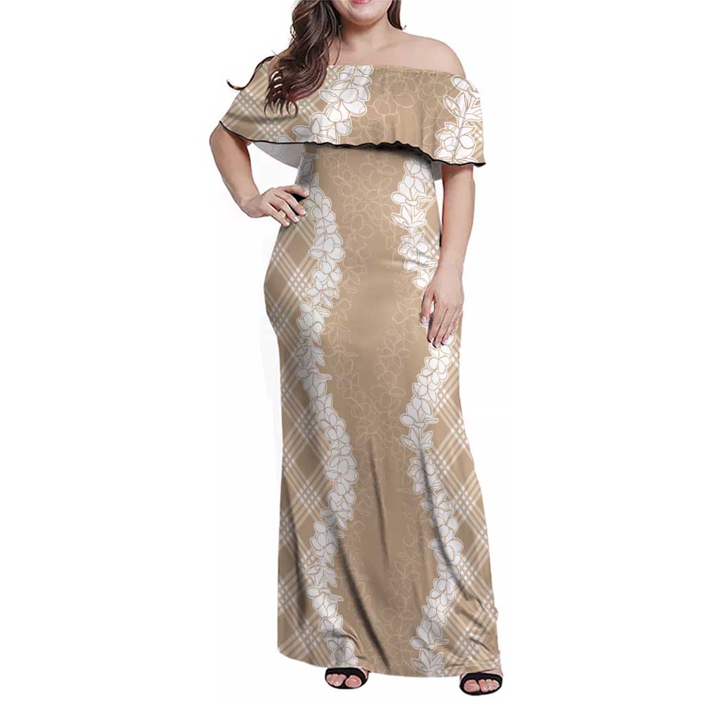 Hawaii Aloha Plumeria Lei Beige Palaka Family Matching Off Shoulder Maxi Dress and Hawaiian Shirt LT7 Mom's Dress Beige - Polynesian Pride