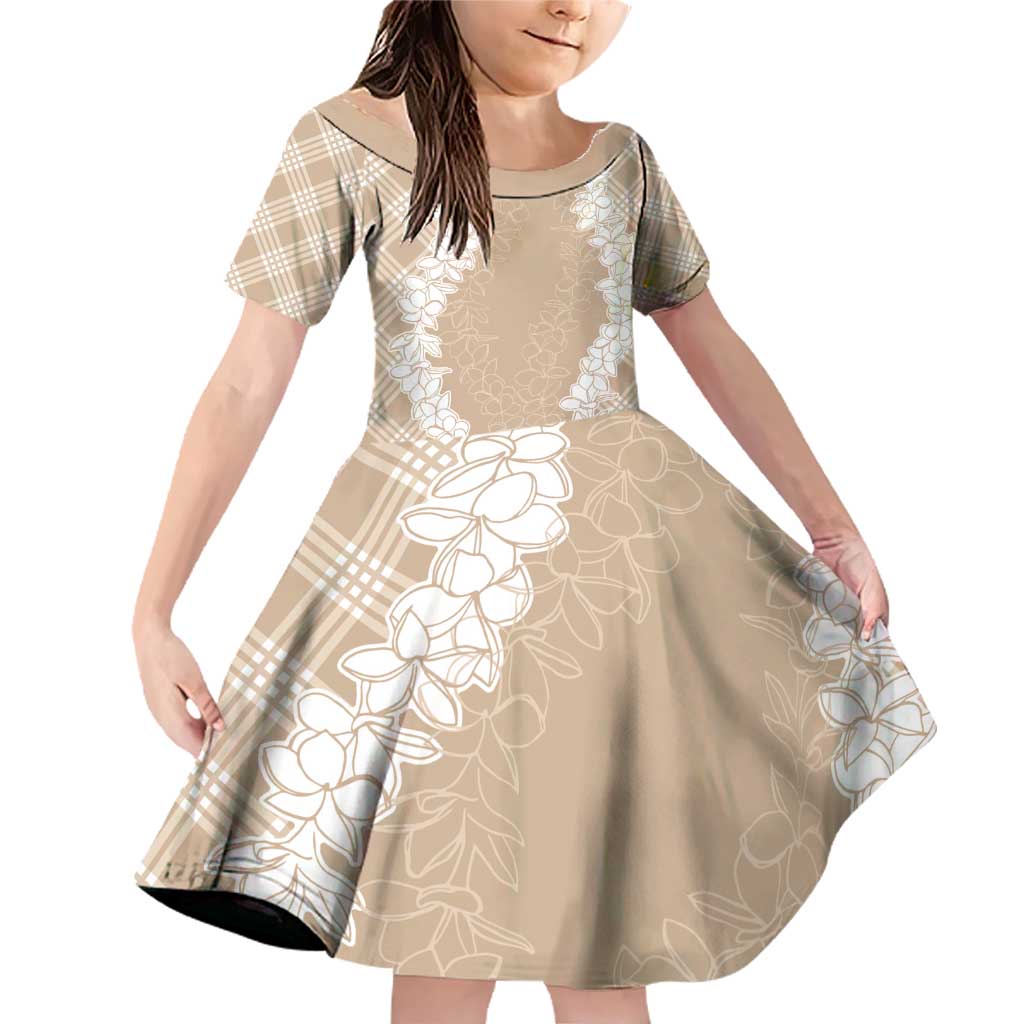 Hawaii Aloha Plumeria Lei Beige Palaka Family Matching Off Shoulder Short Dress and Hawaiian Shirt LT7 Daughter's Dress Beige - Polynesian Pride
