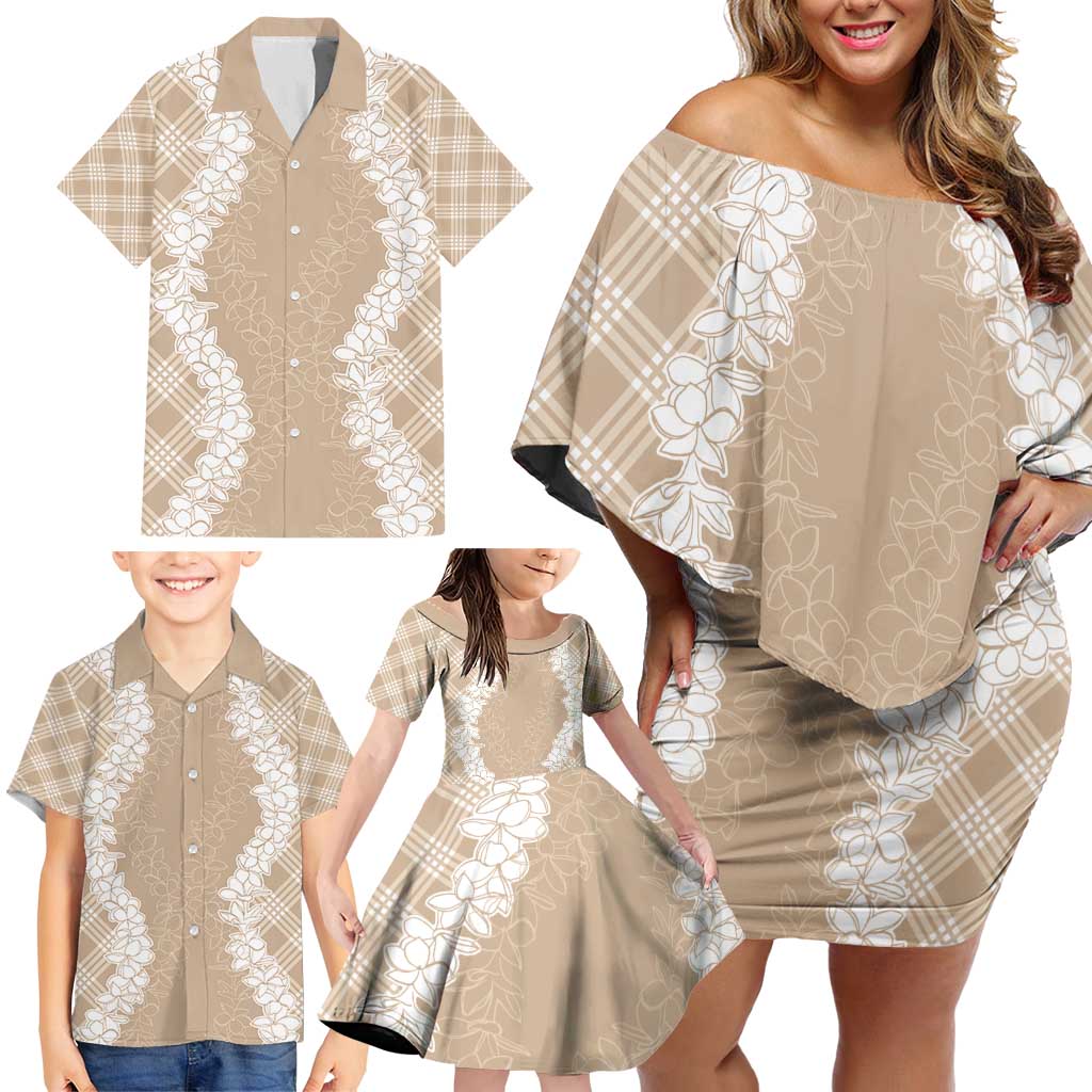 Hawaii Aloha Plumeria Lei Beige Palaka Family Matching Off Shoulder Short Dress and Hawaiian Shirt LT7 - Polynesian Pride