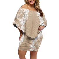 Hawaii Aloha Plumeria Lei Beige Palaka Family Matching Off Shoulder Short Dress and Hawaiian Shirt LT7 Mom's Dress Beige - Polynesian Pride