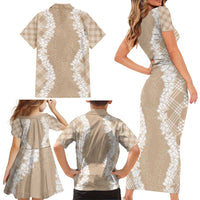 Hawaii Aloha Plumeria Lei Beige Palaka Family Matching Short Sleeve Bodycon Dress and Hawaiian Shirt LT7 - Polynesian Pride