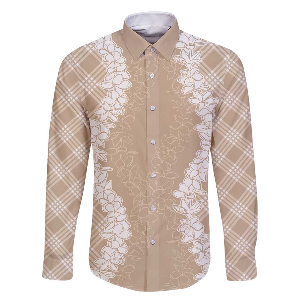 Hawaii Aloha Plumeria Lei Beige Palaka Family Matching Summer Maxi Dress and Hawaiian Shirt LT7 Dad's Shirt - Long Sleeve Beige - Polynesian Pride